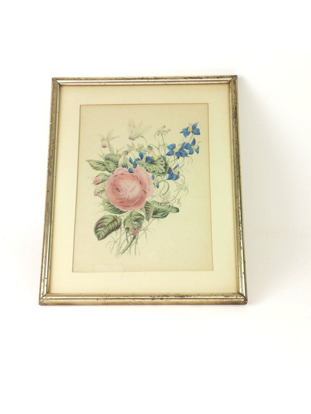 Antique Lithograph Print Flower Bouquet Pink Rose Blue Delphinium Cyclamen Frame